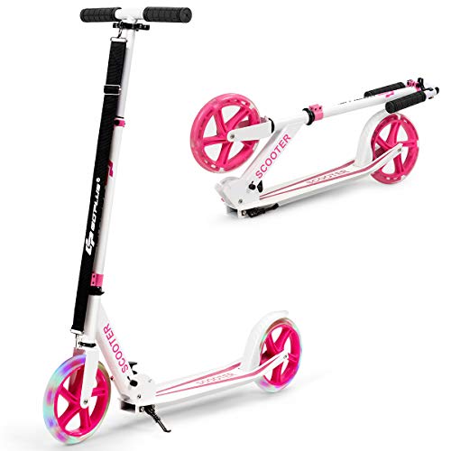 GOPLUS Scooter Kinder, Cityroller aus Aluminium bis zu 100kg, Kickscooter mit Schultergurt & LED Rädern, Tretroller klappbar & höhenverstellbar für Jungen & Mädchen ab 10 Jahren (Rosa) von GOPLUS