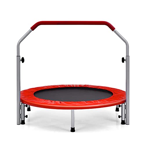 GOPLUS Fitnesstrampolin Indoor, φ101cm Mini Trampolin mit höhenverstellbarer Haltegriff, klappbares Kindertrampolin bis 150kg belastbar, Gartentrampolin für Erwachsene, Jumping Fitness (Rot) von GOPLUS