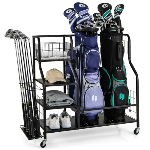 GOPLUS Golf Organizer, Golftaschen-Organizer mit 3-stufigem Ablageregal, Ballkorb, 14 Schläger-Organizer, 2 Handtuchhaken & 4 Seitenhaken, Golftaschenregal mit Rollen für Garage, Club, Fitnessstudio GOPLUS Golf Organizer, Golftaschen-Organizer mit 3-stufigem Ablageregal, Ballkorb, 14 Schläger-Organizer, 2 Handtuchhaken & 4 Seitenhaken, Golftaschenregal mit Rollen für Garage, Club, Fitnessstudio von GOPLUS