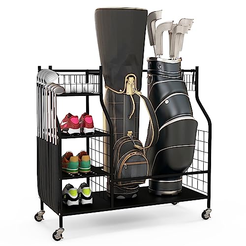 GOPLUS Golftaschen-Organizer, Golf-Organizer mit feststellbaren Rädern für 2 Golftasche & 8 Golfschläger, Aufbewahrungsregal mit 1 Korb, 3 Ablagen & 4 Haken für Golfausrüstung & Zubehör GOPLUS Golftaschen-Organizer, Golf-Organizer mit feststellbaren Rädern für 2 Golftasche & 8 Golfschläger, Aufbewahrungsregal mit 1 Korb, 3 Ablagen & 4 Haken für Golfausrüstung & Zubehör von GOPLUS