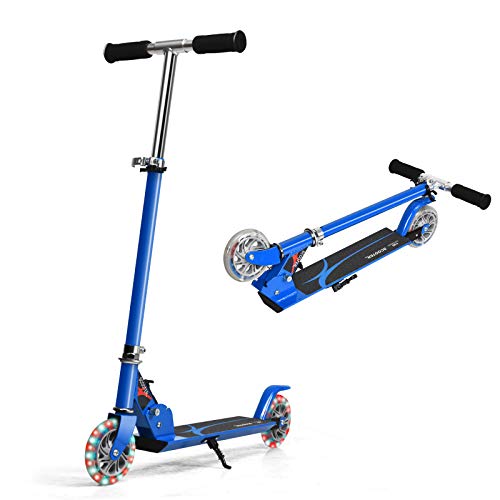 GOPLUS Roller Kinder ab 4 Jahre, Scooter Kinder mit LED Rädern und Hinterradbremse, Tretroller Kickscooter höhenverstellbar klappbar bis 70 kg belastbar für Mädchen Jungen (Blau) von GOPLUS