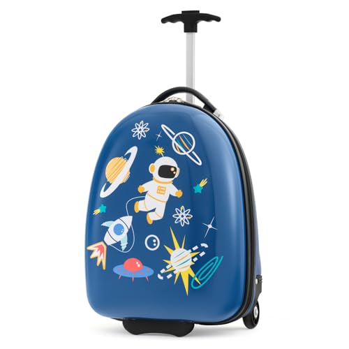 GOPLUS Kinderkoffer mit Rucksack, Kids Trolley, Kindergepäck mit Rollen, Reisekoffer mit Teleskopgriff, Hartschalenkoffer für Kinder, Kindertrolley Farbwahl (Blau-Astronauten, 16") von GOPLUS