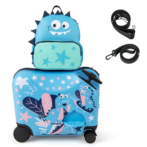 GOPLUS Kinderkoffer mit Rucksack, Kids Trolley, Kindergepäck mit Rollen, Reisekoffer mit Teleskopgriff, Hartschalenkoffer für Kinder, Kindertrolley Farbwahl (Blau-Dinosaurier, 12"+18") von GOPLUS