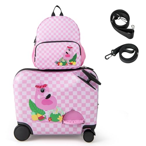 GOPLUS Kinderkoffer mit Rucksack, Kids Trolley, Kindergepäck mit Rollen, Reisekoffer mit Teleskopgriff, Hartschalenkoffer für Kinder, Kindertrolley Farbwahl (Pink-Flamingo, 12"+18") von GOPLUS