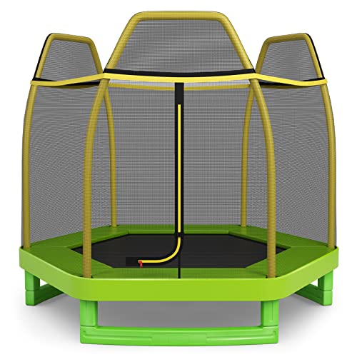 GOPLUS Kindertrampolin mit Sicherheitsnetz, Freizeittrampolin mit Federauflage und Sprungmatte, Stabiler verzinkter Stahlrahmen, runde Mini-Sprungfläche für Outdoor Garten Kinder (Grün) von GOPLUS