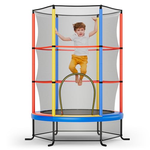 GOPLUS Ø165 x 191 cm Gartentrampolin, Kindertrampolin bis 135kg für Kinder ab 3, Outdoortrampolin mit Sicherheitsnetz, Fitnesstrampolin für Indoor und Outdoor (Bunt) von GOPLUS