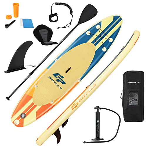 GOPLUS Stand Up SUP Board Set, Aufblasbare Paddle Board mit faltbarem Paddle und Rucksack, Belastbar bis 120 kg, mit komplettem Zubehör (320x76x15cm, Hellgelb) von GOPLUS