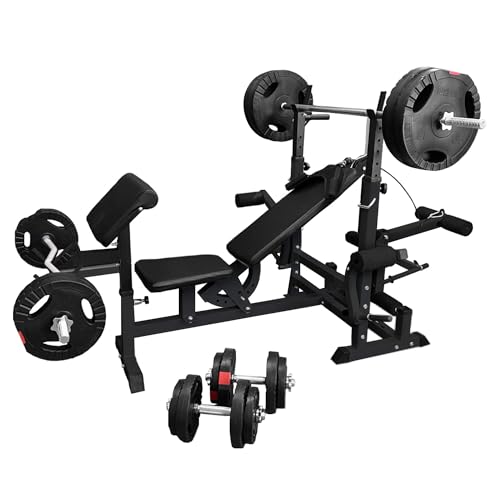 GORILLA SPORTS® Hantelbank - inkl. 100kg Hantelset, Ablage, Dip-Station, Curlpult, Beincurler, Butterfly, Latzug, Verstellbar, Schwarz/Weiß - Multifunktion Trainingsbank mit Gewichten, Kraftstation von GORILLA SPORTS