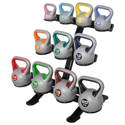 GORILLA SPORTS® Kettlebell - 2kg, 3kg, 4kg, 5kg, 6kg, 8kg, 10kg, 12kg, 14kg, 16kg, 18kg, 20kg Gewichte, Einzeln/Set, mit/ohne Ablage, Kunststoff - Kugelhantel, Schwunghantel, Kugelgewicht von GORILLA SPORTS