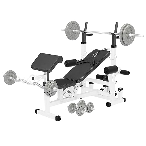 GORILLA SPORTS® Hantelbank mit Gewichten- inkl. 108 kg Hantelset, Verstellbar, mit Langhantel-Ablage, Curlpult und Butterfly, Dip-Station, Beinstrecker - Multifunktion Trainingsbank, Kraftstation von GORILLA SPORTS