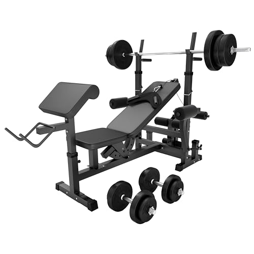 GORILLA SPORTS®Hantelbank mit Gewichten - 170 cm Hantelstange, 40/70/100 kg Hantelset, Beincurler, Butterfly, Dip-station, Curlpult - Trainingsbank, Fitnessstation, Kraftstation mit Langhantel von GORILLA SPORTS