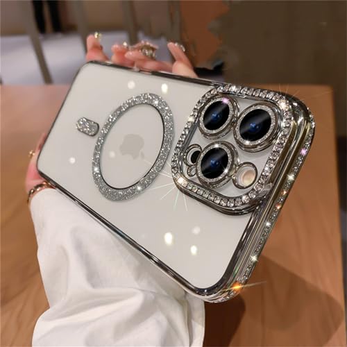 GOTBAC Luxus Diamond Glitter Magnetic Charging Silikon Soft Case für iPhone 15 14 13 12 Pro Max Plus 11 Transparente Abdeckung, Silber, für iPhone 15ProMax von GOTBAC