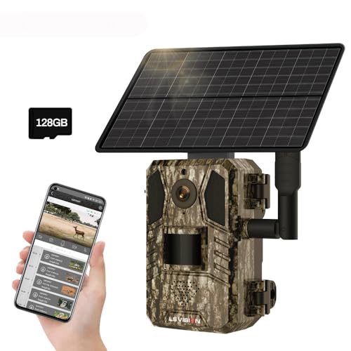 Solar Wildkamera mit Handyübertragung App, 0.2s Auslösezeit, 15 M Nachtsicht, 95° Erfassungswinkel, PIR Bewegungsmelder, 2-Wege-Audio, 128G Speicherkarte, IP66 Wasserdicht für Wildlife Monitoring von GOXAEEE