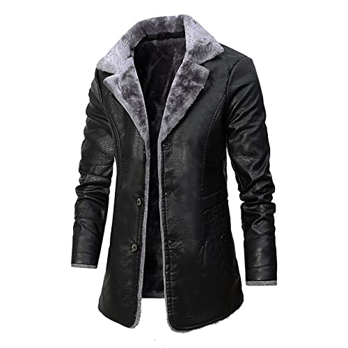 GOZYLA Herren Pelz Lederjacke Flieger Bomber Shearling Mantel Sherpa Fleece gefütterte Jacken Herren Kunstpelzjacke Dicke Leder Winterjacke (Color : Black, Size : 3XL) von GOZYLA