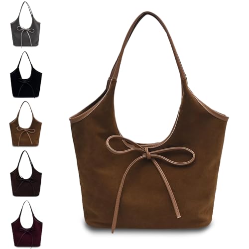 Elegante Schultertasche mit Schleife für Damen, Vintage-Einkaufstasche aus PU-Leder, lässiges Design mit Reißverschlusstasche (Brown,#) von GRFFZX