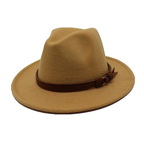 Fedora Trilby Filzhut Hut Gürtel Quaste Casual Hut Vintage Flache Krempe Zylinder Paar Große Krempe Jazz Hut M(56-58cm) Camel von GRFIT