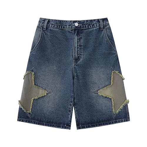 Shorts Kurze Herren Hose Geklebte Jeansshorts Mit Sternenstickerei Für Herren High Street Capris Lockere Gerade Mittellange Hose S Blau von GRFIT