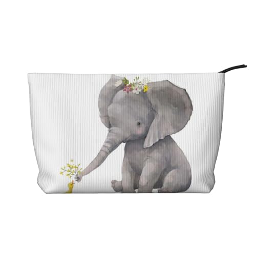 GSGCSBYMLG Make-up-Tasche aus Cord mit niedlichem Elefant mit Kranz und kleiner Ente bedruckt, Reise-Kulturbeutel, Reise-Organizer-Tasche, Schwarz , Einheitsgröße von GSGCSBYMLG