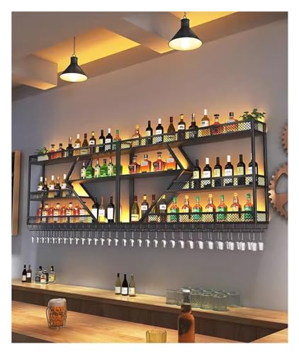 An der Wand montiertes Weinregal mit Glashalter, schwebende Barregale mit LED-Licht, Flaschenhalter aus Metall, Weinaufbewahrungsregal für Bar, Wohnzimmer, Restaurant, Schwarz, 240 x 20 x 86 cm von GSKDBCC