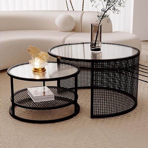 Couchtisch, Satztisch mit Ablagefläche, runde Couchtische, Wohnzimmer-Couchtisch aus Glas, gewebte Designs, moderner Couchtisch mit stabilen Metallbeinen, Tische, modisches Design (weiß/schwarz) von GSKDBCC