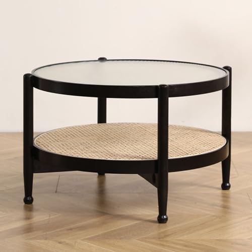 Couchtisch, runder Couchtisch aus Holz mit Rattan-Ablage, 2-stufiger Boho-Mid-Century-Modern-Snack-Teetisch mit Glasplatte, Cocktailtisch, Sofatisch für Wohnzimmer/Schlafzimmer (Farbe: Schwarz, Größe: von GSKDBCC