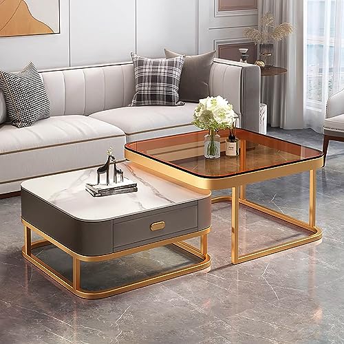 Couchtisch Couchtisch aus Glas, 2er-Set, quadratische Couchtische für Wohnzimmer, Aufbewahrungs-Couchtisch mit Metallrahmen, modernes Couchtisch-Design, für Zuhause, einfache Montage für Wohnzimmer, von GSKDBCC