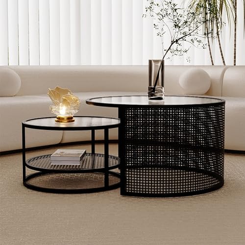 Couchtisch Satztische für Wohnzimmer Weiß/Schwarz Runder Couchtisch Glas 2er-Set Moderner Couchtisch mit offenen Regalen Boho-Couchtisch Geflochtene Designs Stabile Metallbeine für Wohnzimmer B Chaser von GSKDBCC