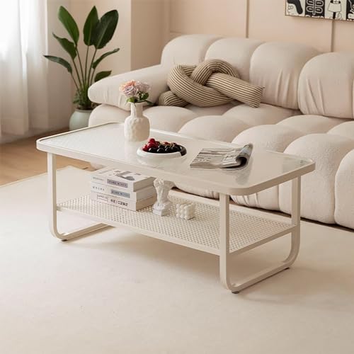 Couchtisch Weißer Couchtisch Moderner 100 cm × 50 cm × 45 cm Rechteckiger Couchtisch mit offenen Regalen Couchtische aus Glas für das Wohnzimmer Glatte Kanten Bauernhaus-Couchtisch mit stabilem von GSKDBCC