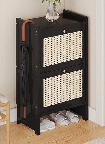 Kunststoff-Rattan-Schuhschrank, Tumbler-Foyer-Schuhregal, einteiliges Aufbewahrungs-Flur-Schuhregal für drinnen und draußen, herunterklappbarer Schuh-Organizer, Eingangs-Schuhschrank (schwarz, drei von GSKDBCC