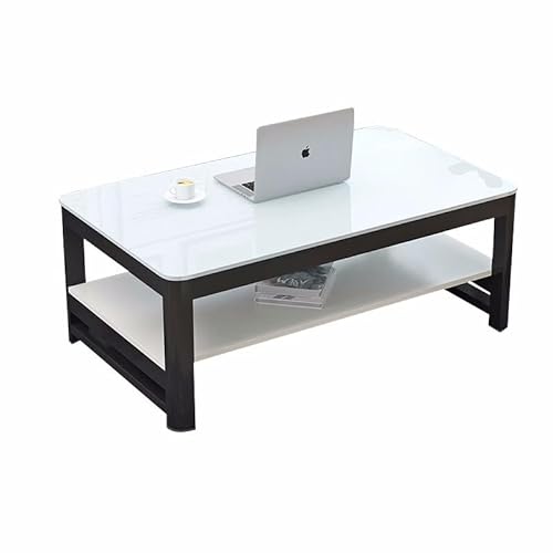 Moderner rechteckiger Teetisch, doppelschichtiger Couchtisch, Couchtisch aus Glas mit weißen Metallbeinen, industrieller Sofa-Cocktailtisch, für Wohnzimmer, Home-Office, Empfangsraum, Schwarz Chaser von GSKDBCC