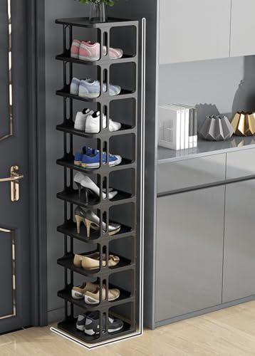 Stapelbares Schuhregal, schmaler Schuhschrank, vertikaler Schuh-Organizer, Aufbewahrung, stapelbare Schuhregale für Flur, Eingangsbereich, Schlafzimmer, frei stapelbar (blau und weiß 10F) (schwarz von GSKDBCC