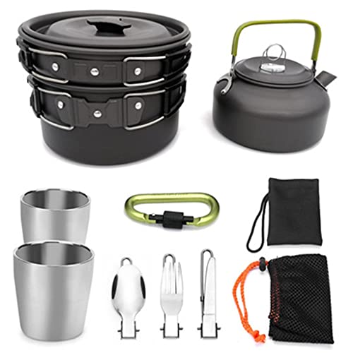 1 Set Outdoor Töpfe Pfannen Camping Kochgeschirr Picknick Kochset Antihaft-Geschirr mit faltbarem Löffel Gabel Wasserkocher Tasse von GSZCCZS