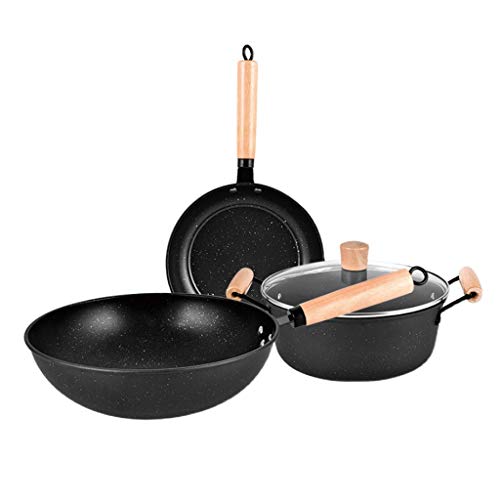 GSZCCZS Kochgeschirrkit Maifanshi dreiteilige Kochgeschirrset Wok Bratpfanne Suppen-Topf Geschenk mit flachem Bottom mit rauchloser Eisenpfanne, Variety Pack von GSZCCZS