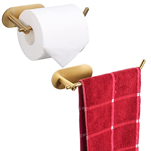 GSZCCZS Selbstklebender Handtuchhalter und Toilettenpapierhalter, Handtuchstangen-Set aus Edelstahl 304 für Badezimmer, Büro, Küche (gebürstetes Gold) von GSZCCZS