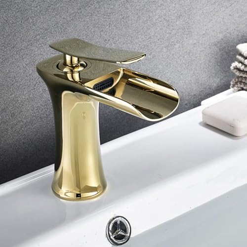 Waschbecken Wasserhahn Wasserfall, Messing, Warm- und Kaltwaschbecken Mischbatterie Wasserhahn, Einhebelmischer Wasserfall Waschbecken Wasserhahn, Gold, Kurz (Farbe: Gold, Größe: Kurz) Waschbecken von GSZCCZS