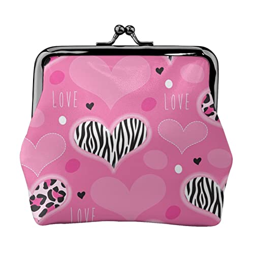 Pink Love Heart Full Double Side Printed Pattern Damen und Mädchen Mode Leder Kiss Lock Münzbörse Kartentasche, Schwarz , Einheitsgröße, Kartenhalter von GTGHYLHA