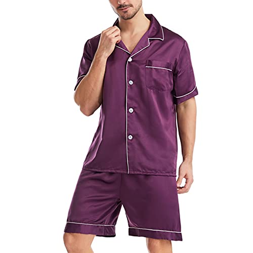 GTHTTT Herren Zweiteiliger Schlafanzug Set Kurzarm Schlafanzugoberteile mit Knopfleiste mit Kurzarm Shirt und Shorts Freizeitanzug,Deep Purple,L von GTHTTT