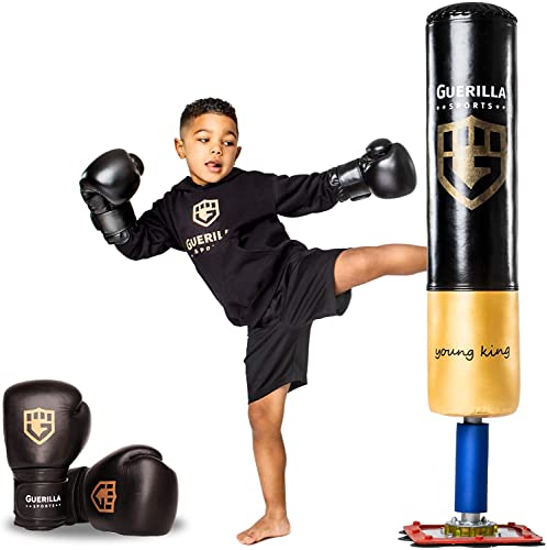 Guerilla Sports Standboxsack „Young King“ - Freistehender Boxsack mit Ständer, inkl. Boxhandschuhe (8oz) - Robuster Punching-Sack für MMA, Boxen, Training - Für Kinder, von 4-13 Jahre von GUERILLA SPORTS