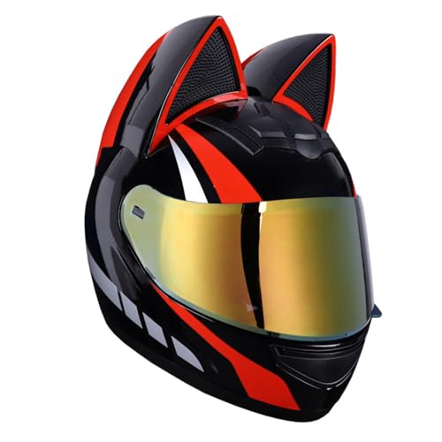 Katzenohr-Motorradhelm, ECE-zertifizierter Integralhelm for Motorradfahrer, Cooler Katzenhelm Mit HD-Schutzbrille, Herausnehmbarem Und Waschbarem Innenfutter, Unisex(A,M=54~56CM) von GUOFHUIM