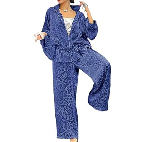 GUOGAOzz 2-teiliger Damenanzug mit Revers und halblangen Ärmeln mit Leopardenmuster, Leoparden-Set für Damen (Blue,S) von GUOGAOzz