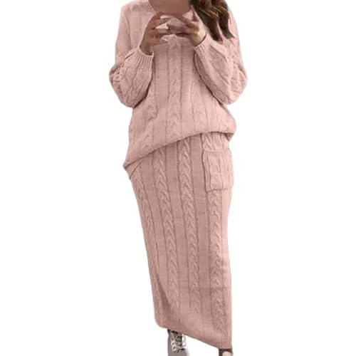 GUOGAOzz Damen Winter Grob Zopfmuster Langer Bleistiftrock 2-teilig,Outfit Langarmpullover Oberteile und Langer Bleistiftrock Sets (Light pink,3XL) von GUOGAOzz