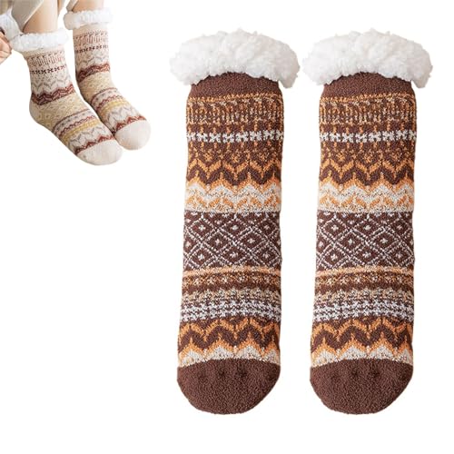 GUOGAOzz Dicke Wintersocken für Damen, gemütliche, Flauschige Hausschuhsocken mit Fleecefutter, warme, Flauschige Socken für Damen (Brown,One Size) von GUOGAOzz