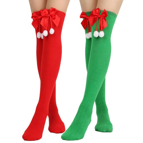 GUOGAOzz Grün-weiß gestreifte Socken, Weihnachts-Kniestrümpfe, Overknee-Socken mit Schleifenstreifen für Damen (2 Pairs C,One Size) von GUOGAOzz