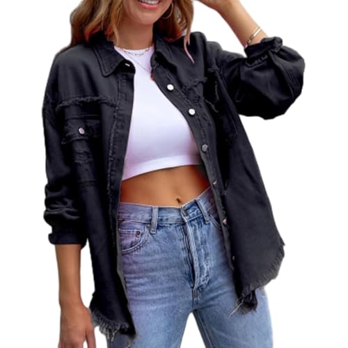 GUOGAOzz Jeansjacke von The Beauty North, übergroße Jeansjacke mit zerrissenen Fransen und Taschen für Damen, zerrissene Jeansjacke für Damen (Black,XL) von GUOGAOzz