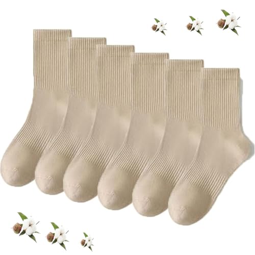 GUOGAOzz Lässige, Bequeme, atmungsaktive, rutschfeste Wadensocken für Damen, gestreifte Unisex-Baumwollsocken (6PC-Khaki,ONE Size) von GUOGAOzz