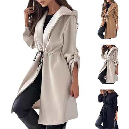 GUOGAOzz Lange Kapuzenjacke mit Bindeband an der Taille für Damen, Reverskragen, vorne offen, Langer Trenchcoat mit Kapuze und Gürtel (Beige,L) von GUOGAOzz