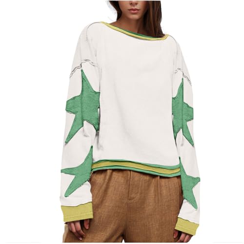 GUOGAOzz Übergroße Sweatshirts mit Sternen für Damen, Pullover mit Langen Ärmeln und seitlichem Schlitz und gestreiften Sternen für Teenager-Mädchen (White Green,XL) von GUOGAOzz