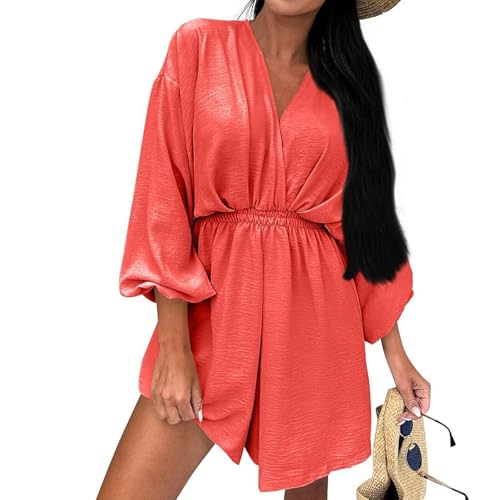 GUOLHUAJIN Women Fall Sexy Deep Long Sleeve V-Neck Puff Waist Swing Party Club Fall Dress (Orange,X-Large) von GUOLHUAJIN