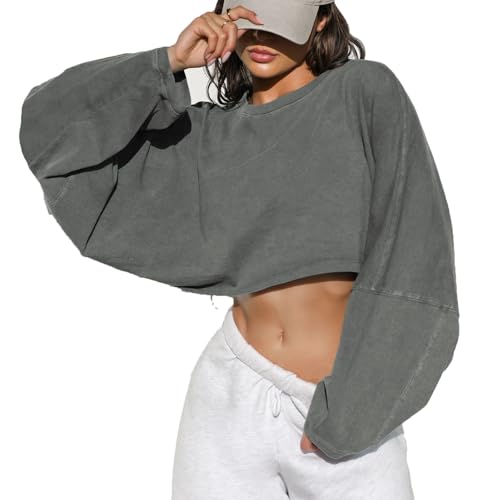 GUOLHUAJIN Women Long Sleeve Cropped Crewneck Top Tee Shirt Sweatshirts Casual Solid Loose Fit Gym Workout Outfits (Light Gray,Medium) von GUOLHUAJIN