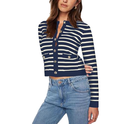 GUOLHUAJIN Women Striped Cardigan Sweaters Button Cropped Knit Crewneck Jackets Casual Coat Fall Outfits with Pockets (Navy,Small) von GUOLHUAJIN